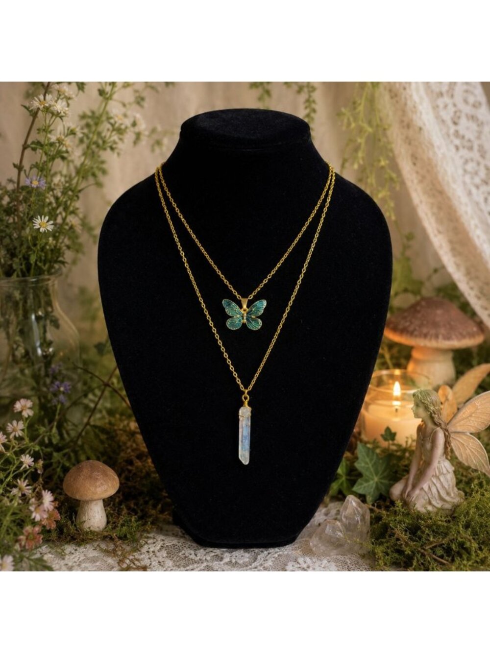 Teal Green Butterfly Necklace Clear Quartz Crystal Point Pendant Layered Gold